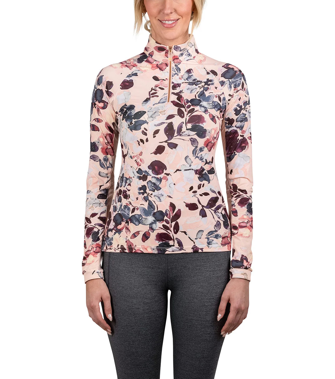 Kastel LONG SLEEVE PEARL BLUSH WATERCOLOR FLORAL WITH ROSE GOLD 1/4 ZIP