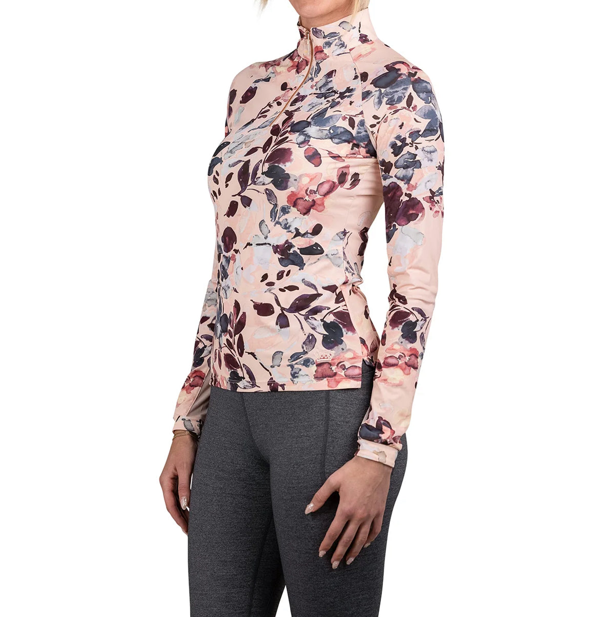 Kastel LONG SLEEVE PEARL BLUSH WATERCOLOR FLORAL WITH ROSE GOLD 1/4 ZIP